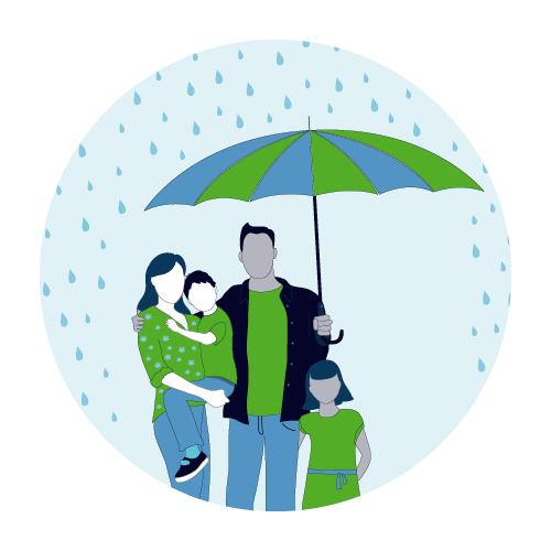 A graphic illustration of a family of four standing under a green and blue umbrella. The family consists of two adults and two children, with one child being held by an adult. They are all wearing shades of green clothing. The background is light blue with dark blue raindrops.