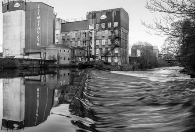 Black and white photo of the river Calder in Brighouse